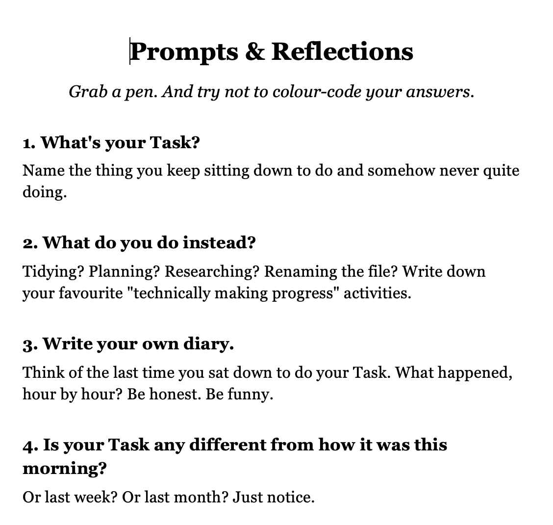 Prompts and Reflections page with questions about The Task