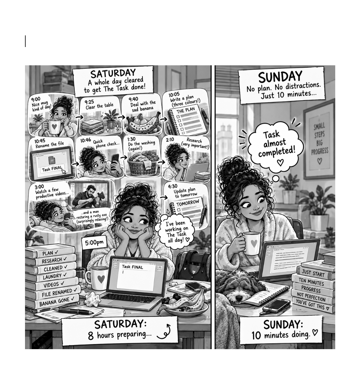 Technically Progress: a humorous Saturday and Sunday comparison