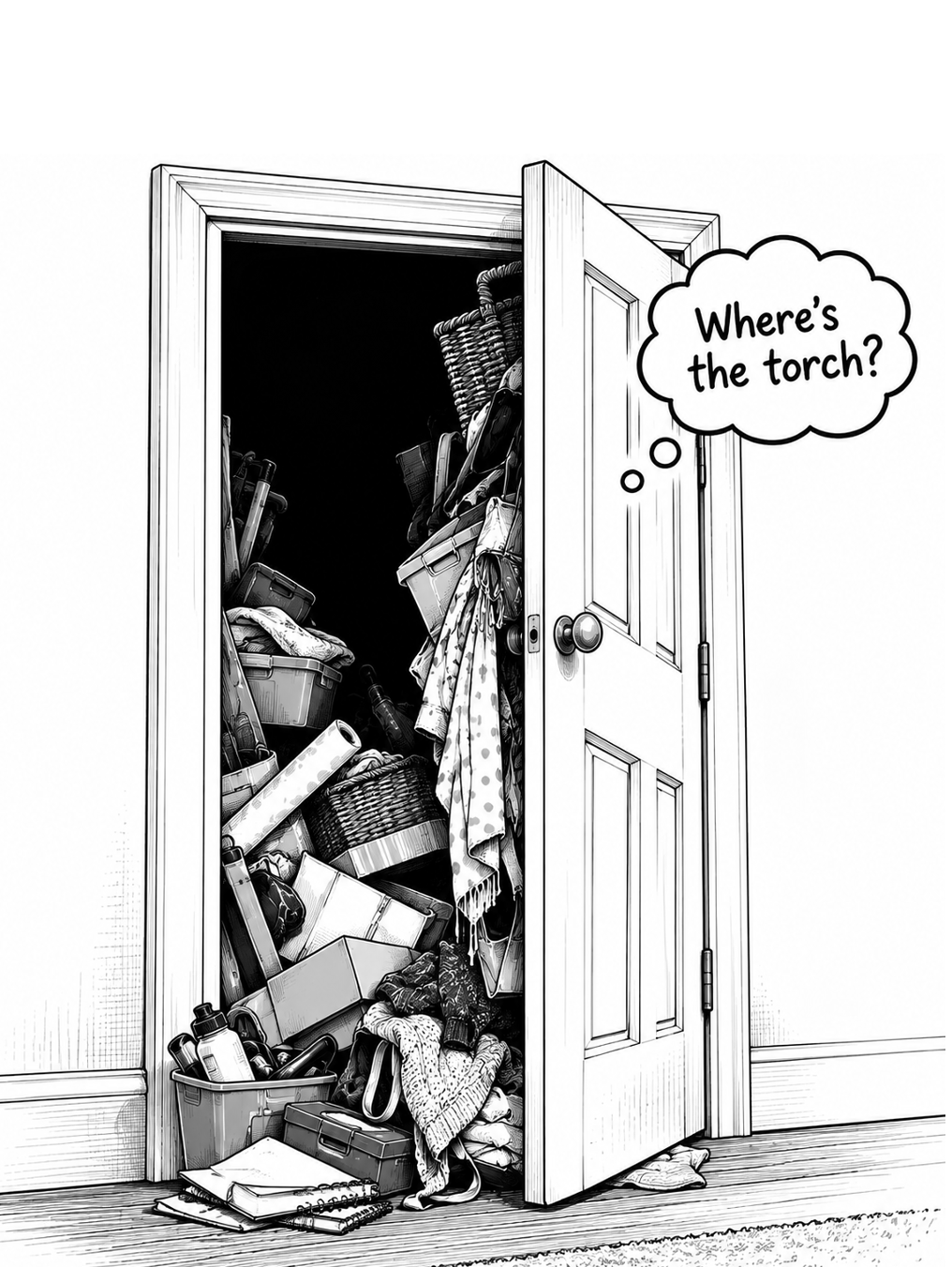 The Abyss: a cupboard overflowing with clutter and a thought bubble asking where the torch is