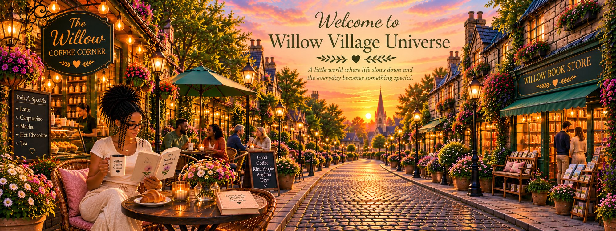 Welcome to Willow Village Universe, a sunset village scene with Willow Coffee Corner and the Willow Book Store