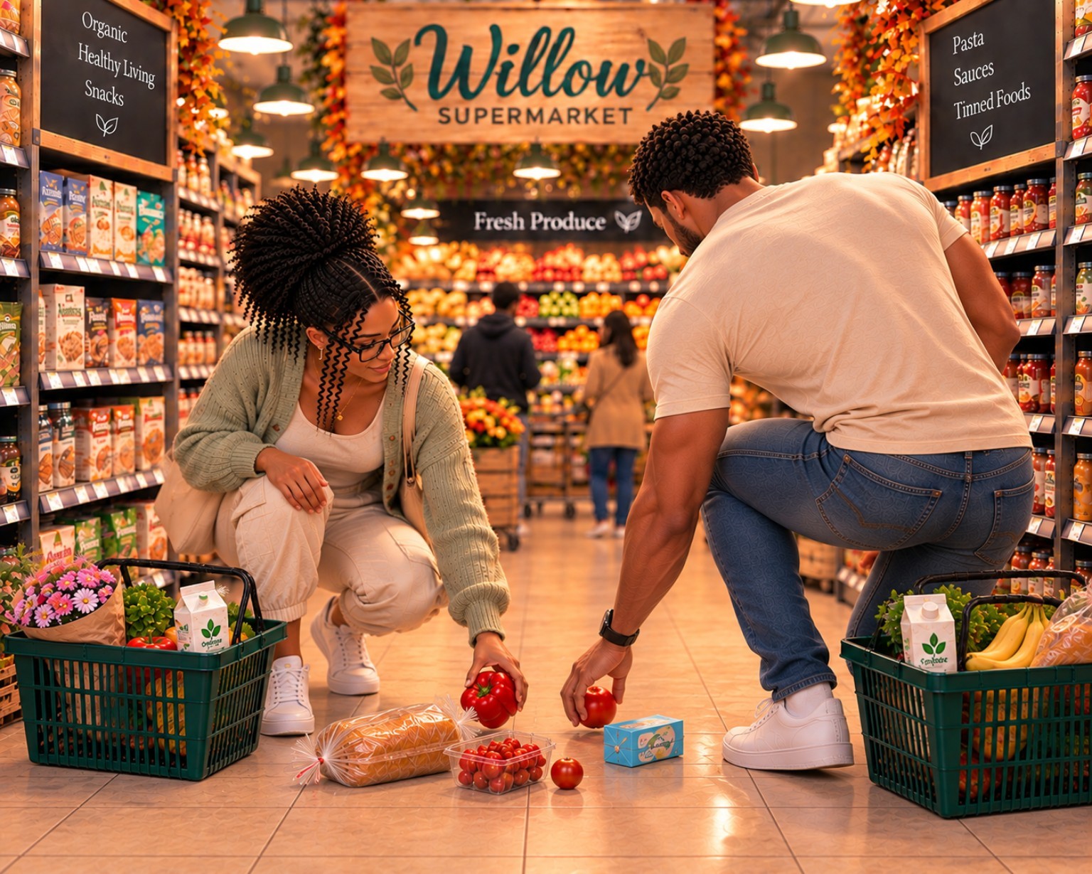 Mr Willow and a neighbour helping each other pick up groceries after their shopping baskets bump together