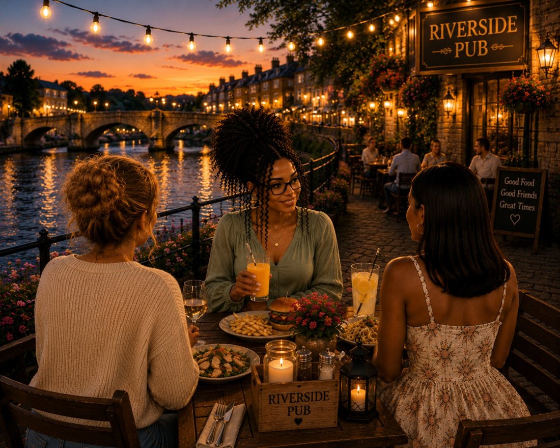 Friends enjoying an evening by the riverside